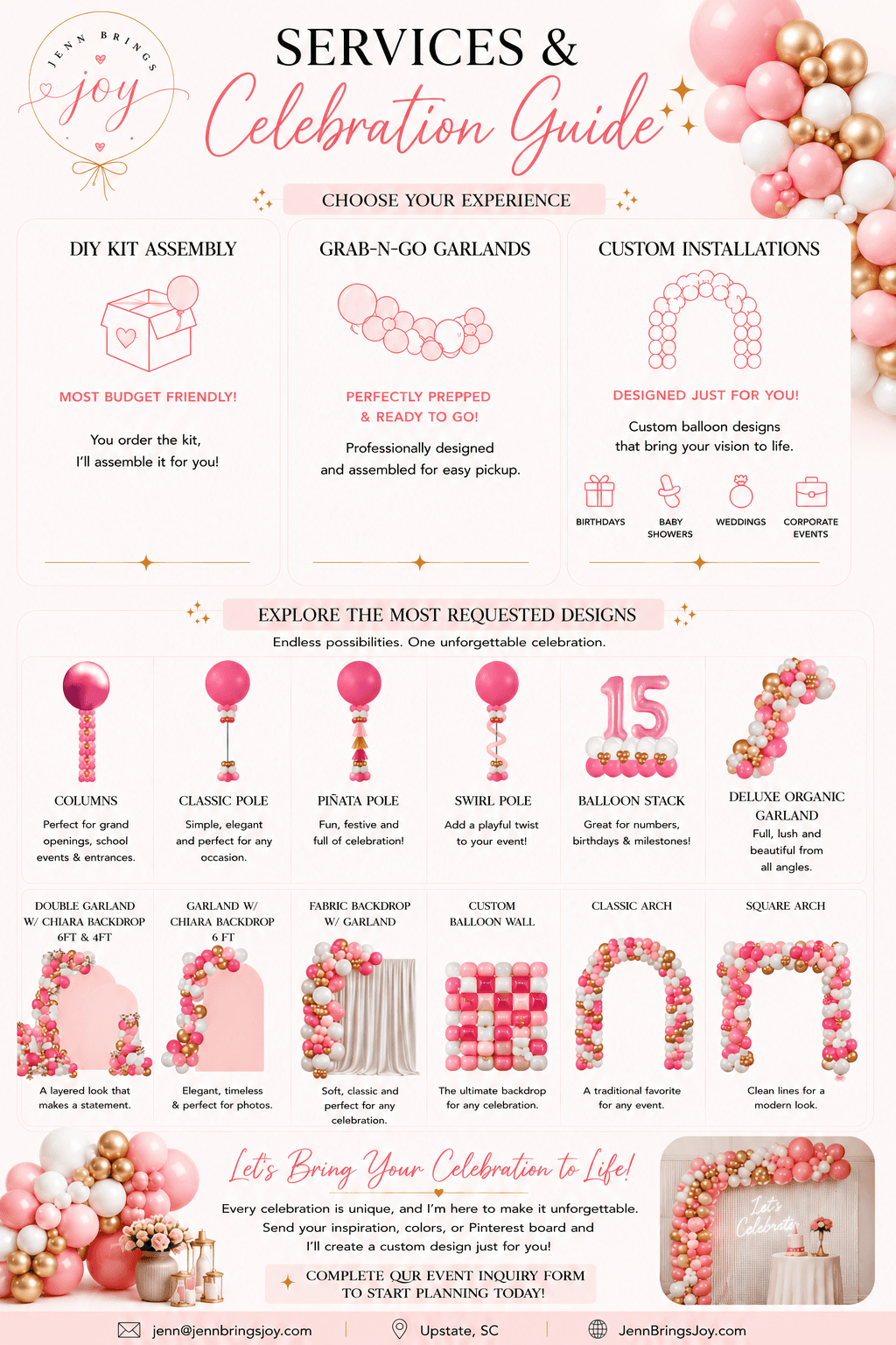 A collage of the balloon design types and celebration styles we offer